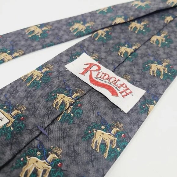 Rudolph Company | Men's Gray Reindeer & Mistletoe Print Christmas or Holiday Tie - Picture 2 of 10